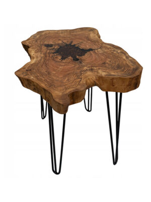 Stolik kawowy z drewna oliwnego z bursztynem i żywicą handmade boho loft